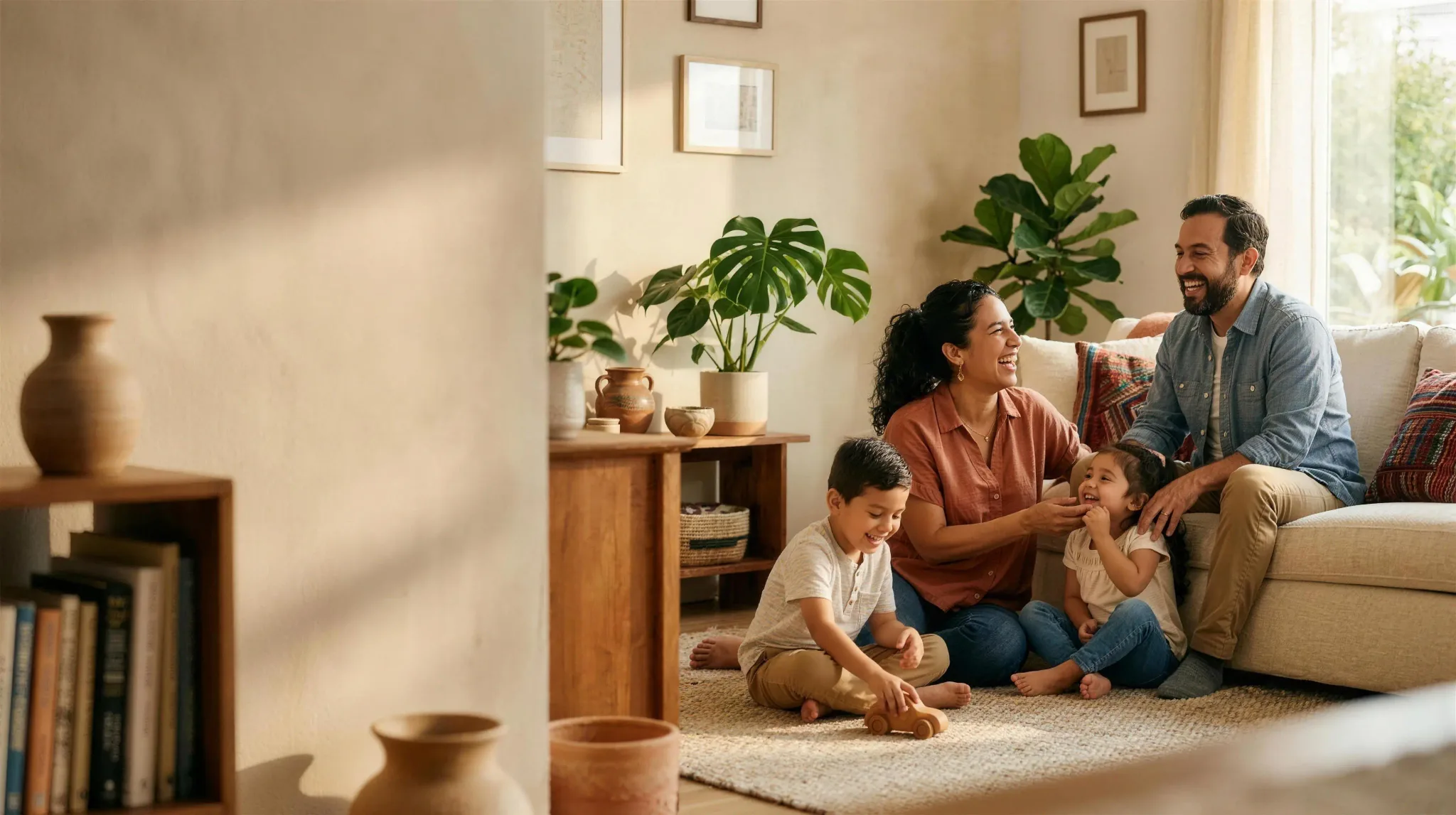 Familia guatemalteca feliz y protegida en casa